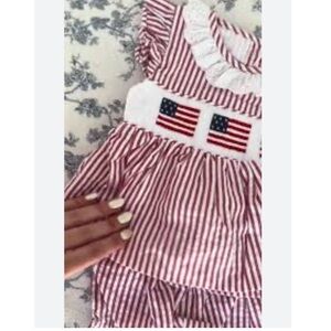 Eliza James Kids red seersucker smocked flag dress with matching bloomers July 4